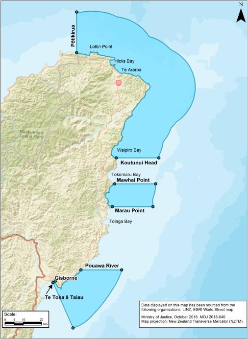 Map of ngā rohe moana o ngā hapū o Ngāti Porou