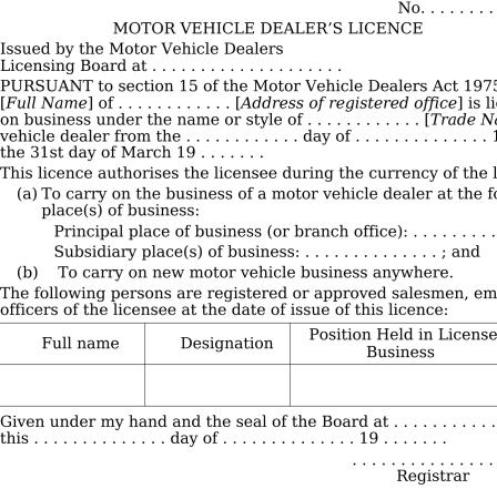 Motor vehicle dealer's licence form, page 1