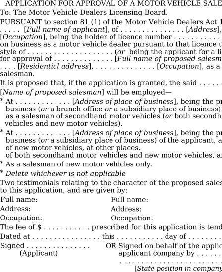 Application for approval of a motor vehicle salesman form