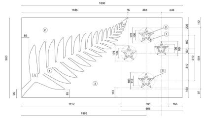 Technical diagram showing the measurements required for accurate construction of the silver fern (red, white and blue)