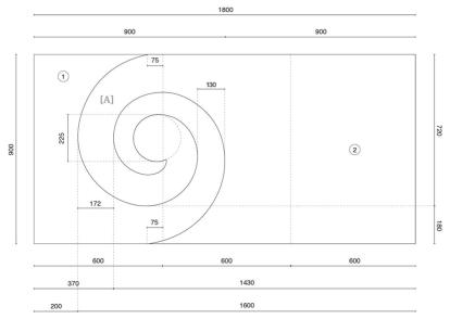 Technical diagram showing the measurements required for accurate construction of the koru