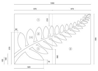 Technical diagram showing the measurements required for accurate construction of the silver fern (black and white)