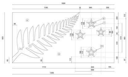 Technical diagram showing the measurements required for accurate construction of the silver fern (black, white and blue)
