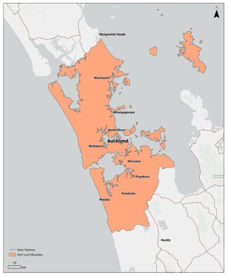Map of Auckland part of alert level 3 area