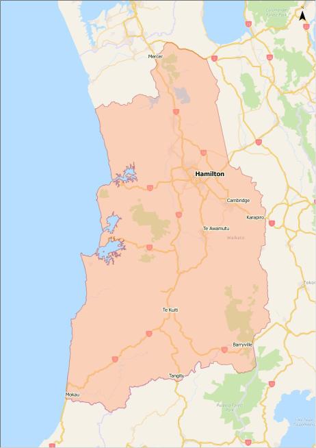 Map of Waikato part of alert level 3 area